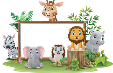 Cute wild animals cartoon with blank board