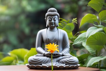 Buddha statue in a garden with flowers
