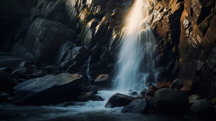 Waterfall with black cliffs and clear water. small waterfall in the park