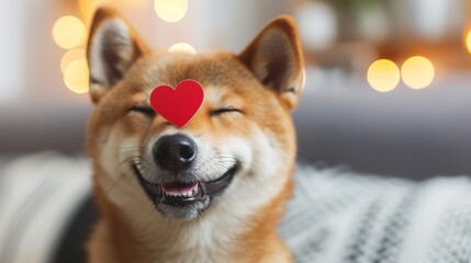 Adorable smiling happy shiba inu dog puppy with a paper red heart hold on nose smiling to the camera, close up, funny animal portrait on modern home background, Valentine's idea.