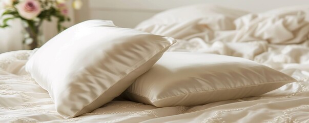 Close up of silky soft pillows and bed in background of cosy modern bedroom. The mock up concept of sleek and minimalist. - obrazy, fototapety, plakaty