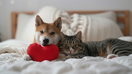 Funny animal celebrating on Valentine's Day, cute gray tabby cat and corgi dog are lying on a white bed together surrounded by knitted red hearts.