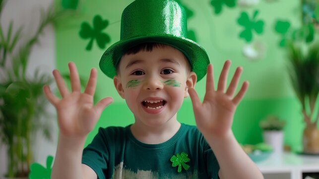 Happy boy with lucky clovers, Kids celebrate St Patrick Day. Irish holiday on green background, copy space.