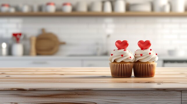Two cupcakes decorated with red heart on modern wooden table on the background of kitchen, copy space.