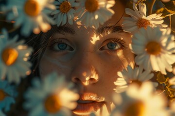 Sunset hues dance across her face, framed by a crown of daisies, eyes alight with the golden hour's embrace.

