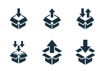 Isometric package with arrow icons set on white background. online delivery service business. Parcel container, packaging boxes, web design for applications.