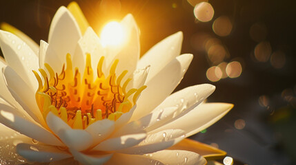 A closeup of a backlit water lily revealing its intricate stamen and shimmering petals in the sunlight.