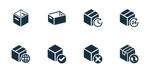 Isometric package icons set on white background. online delivery service business. Parcel container, packaging boxes, web design for applications.