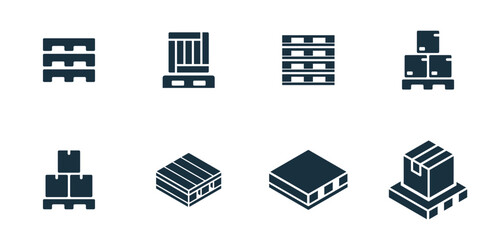 Shipping pallet icons set on white background. online delivery service business. Parcel container, packaging boxes, web design for applications.