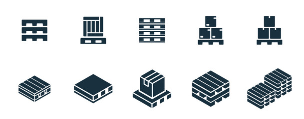Shipping pallet icons set on white background. online delivery service business. Parcel container, packaging boxes, web design for applications.