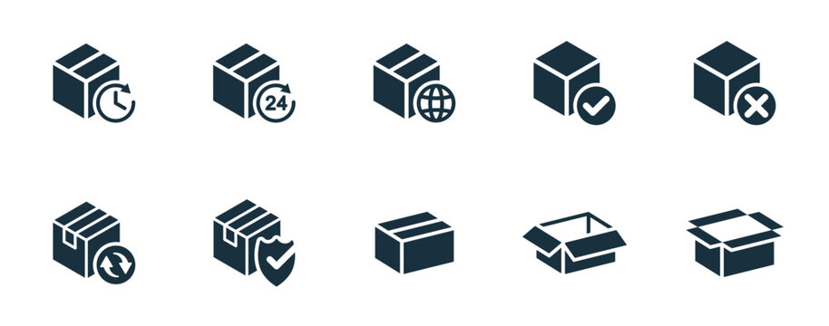 Isometric package icons set on white background. online delivery service business. Parcel container, packaging boxes, web design for applications.