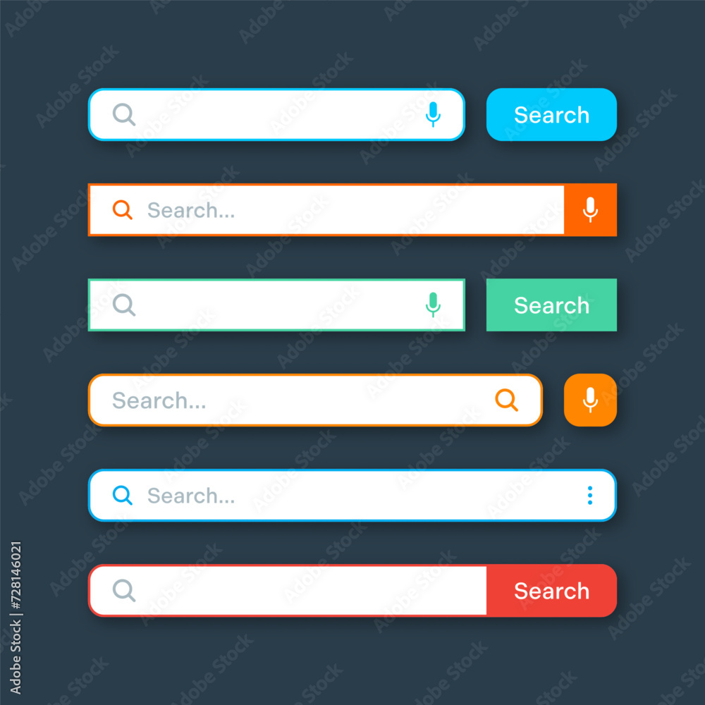 Poster Colorful search bar templates. Internet browser engine with search box, address bar and text field. UI design, website interface element with web icons and push button. Vector illustration