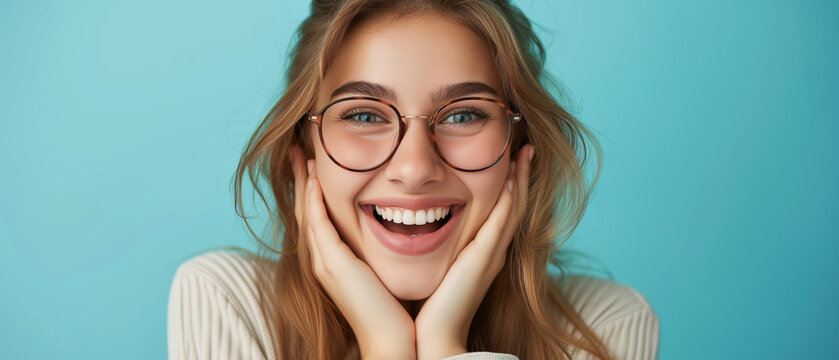 Youthful Female Fashion Model with Glasses Poses for a Vibrant, Joyful Portrait Against a Serene Blue Background