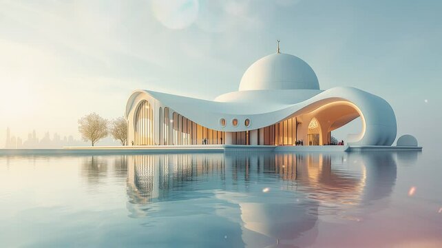 Mosque with a lake with a modern minimalist design. Can be used as a Ramadan background. timelapse