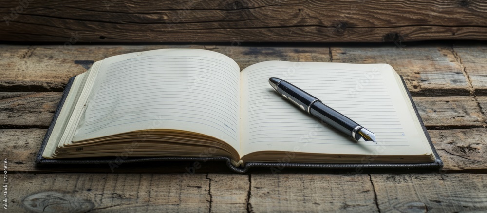 Poster open notebook and pen on wooden background - a stunning display of openness with a notebook and pen 