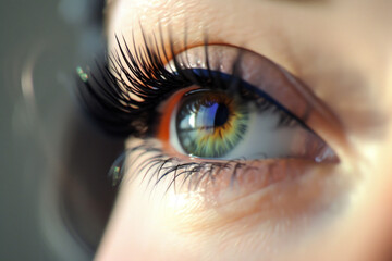 Fototapeta premium Eyelash extension procedure. Female eye with long false eyelashes. Close up macro photography of fashionable eye makeup in a beauty salon