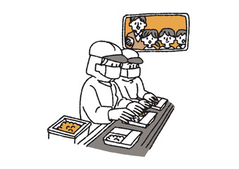 ライン作業をする人と工場見学をする子供達