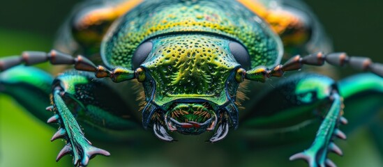 Close Up of Vibrant Green Scarab Beetle - Macro View of Stunning Close Up, Green Scarab Beetle...