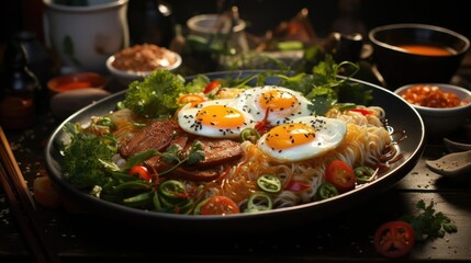 Delicious ramen noodles with egg topping on top, blur background