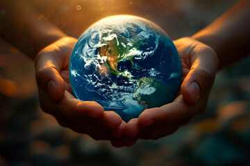  Hands cradle a glowing globe, symbolizing care and responsibility for the Earth.
