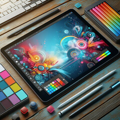 Graphic Designer Digital Work Computer Tablet, Creative Colorful Vibrant Display & Stylus Pen Tools...