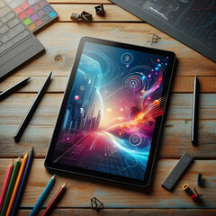 Graphic Designer Digital Work Computer Tablet, Creative Colorful Vibrant Display & Stylus Pen Tools...