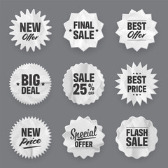 Crumpled paper price tags. Special offer or shopping discount label. Retail paper sticker with cardboard texture. Promotional sale badge. Vector illustration