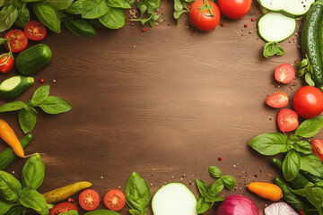 Fresh raw vegetable ingredients for healthy cooking or salad making, top view, copy space. Diet or vegetarian food concept, horizontal composition