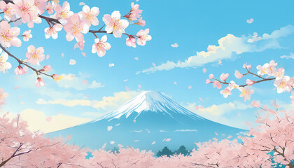 桜が舞う青空と富士山の背景フレームイラスト