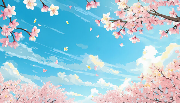 桜と青空の背景フレームイラスト