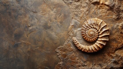 Ancient spiral ammonite fossil embedded in rock surface
