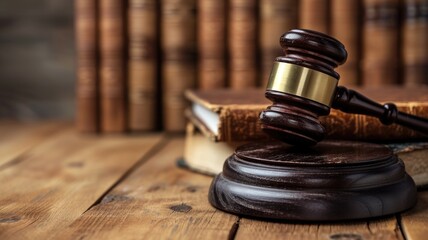 Wooden gavel on aged law books, legal system concept