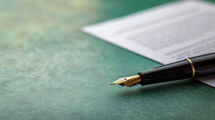 An elegant fountain pen lies on a contract on a green surface
