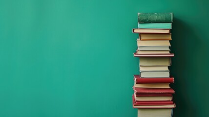 Fototapeta premium Stack of colorful books, knowledge concept on green space