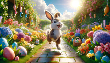 Joyful animated bunny hopping down a vibrant garden path lined with Easter eggs and blooming flowers.