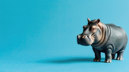 A small, detailed hippo figurine presented against a solid blue background