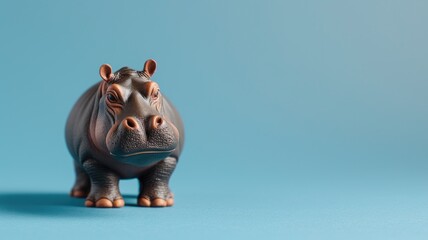 A toy hippopotamus standing on a plain blue background with a gentle shadow