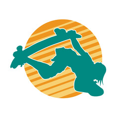 Silhouette of a male in action pose on skateboard. Silhouette of an urban boy on skateboard.
