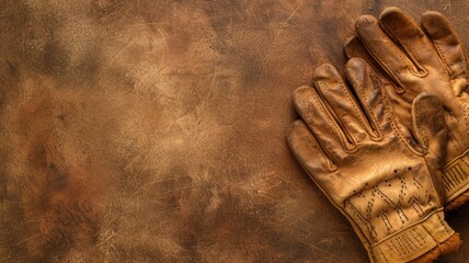 A well-worn leather baseball glove on a rustic brown background - obrazy, fototapety, plakaty
