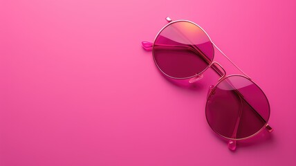 Stylish pink sunglasses on a vivid pink background with copy space