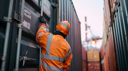 A crew member securing a container with the proper lashing and locking procedures following international standards to prevent shifting during transit.