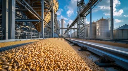 agro storage granary elevator at an agro processing plant for processing drying cleaning and storing agricultural products flour cereals and grain Granary bunkering of bulk cargoes with grain - obrazy, fototapety, plakaty