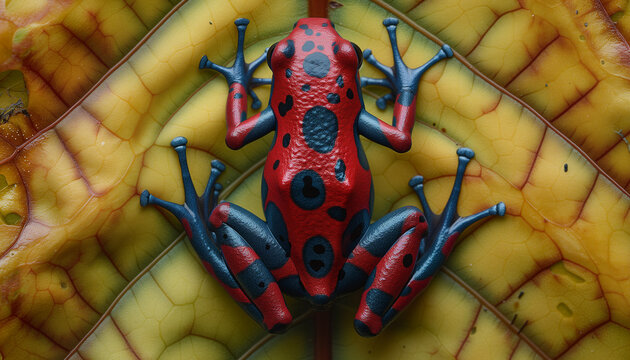 A brightly colored red frog with blue legs and black spots is symmetrically positioned on a yellow leaf, displaying its unique pattern and the intricate texture of its skin and the leaf it rests on