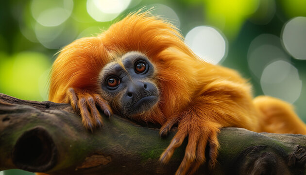 A contemplative orange-furred monkey rests on a tree branch, gazing pensively with deep, expressive eyes against a blurred green background