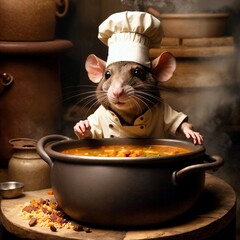 Mouse chef holds a pot of steaming soup.