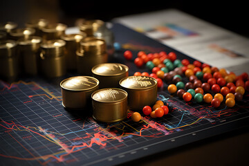 Financial Market Analysis Concept with Bullion and Beads

A sophisticated financial market analysis concept featuring gold bullion and colorful beads on a graph, symbolizing wealth, investment strateg - obrazy, fototapety, plakaty