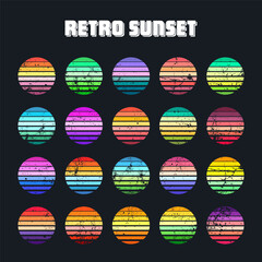 Grunge vintage sunset collection. Colorful striped sunrise badges in 80s and 90s style. Sun and ocean view, summer vibes, surfing. Design element for print, logo or t-shirt. Vector illustration