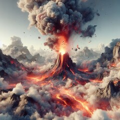 Volcanic eruption, lava smoke and heat