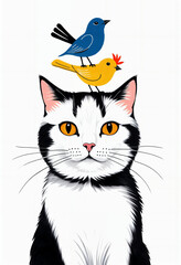 Obraz premium Cat with Birds on Head