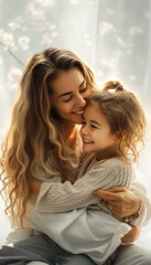 Young mother and little daughter with curly blond hair hugging and smiling happily at each other. Mother's Day love family parenthood childhood concept